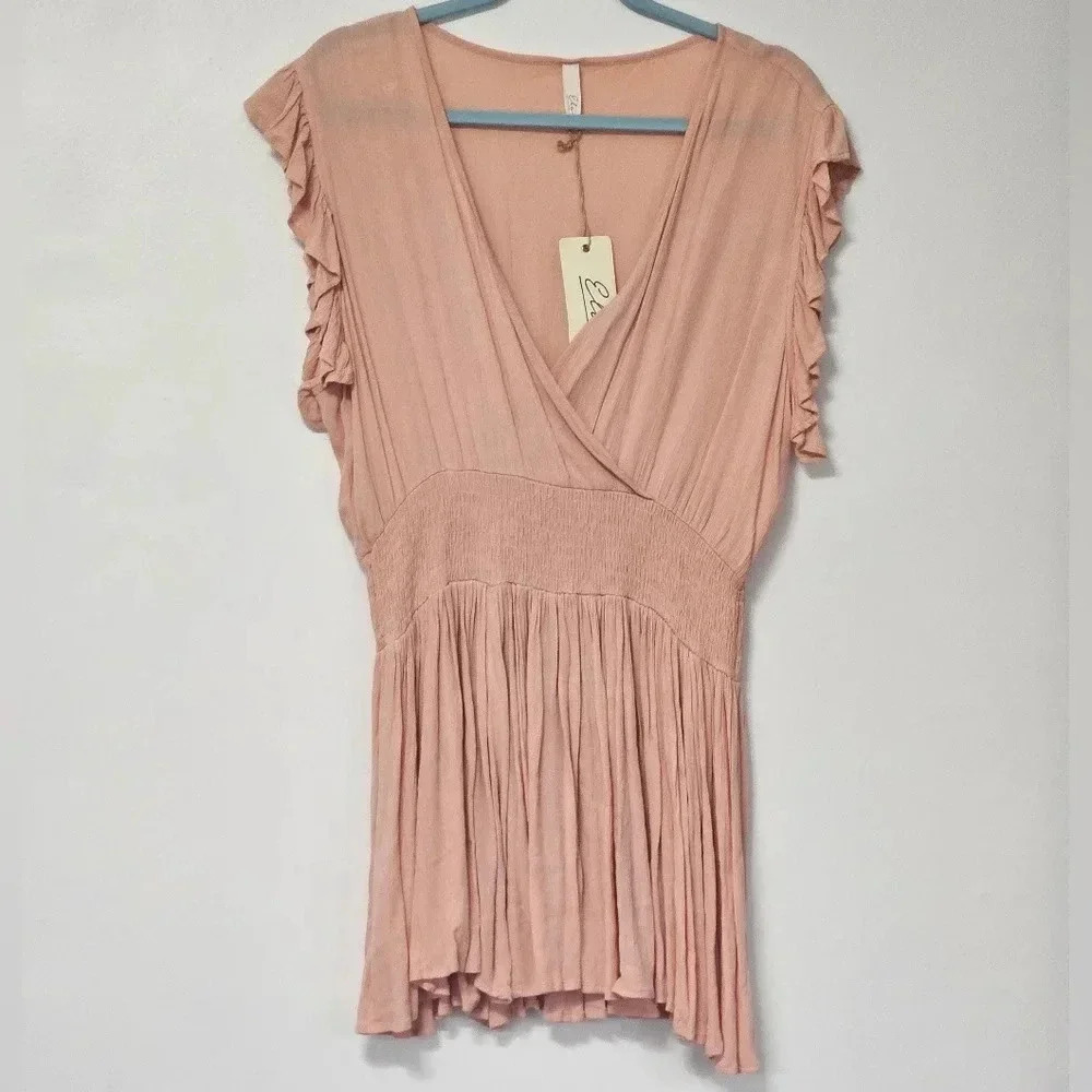 Elan‎ Pink Gauze Smocked Waist Ruffle Sleeve V Neck Mini Dress M NWT